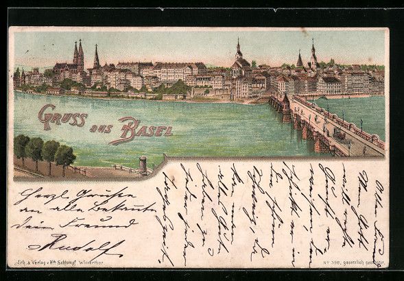 Cartoline postali: Litho Basel, Ortsansicht aus der Vogelsc – Usato da Berlin venduto da bartko-reher