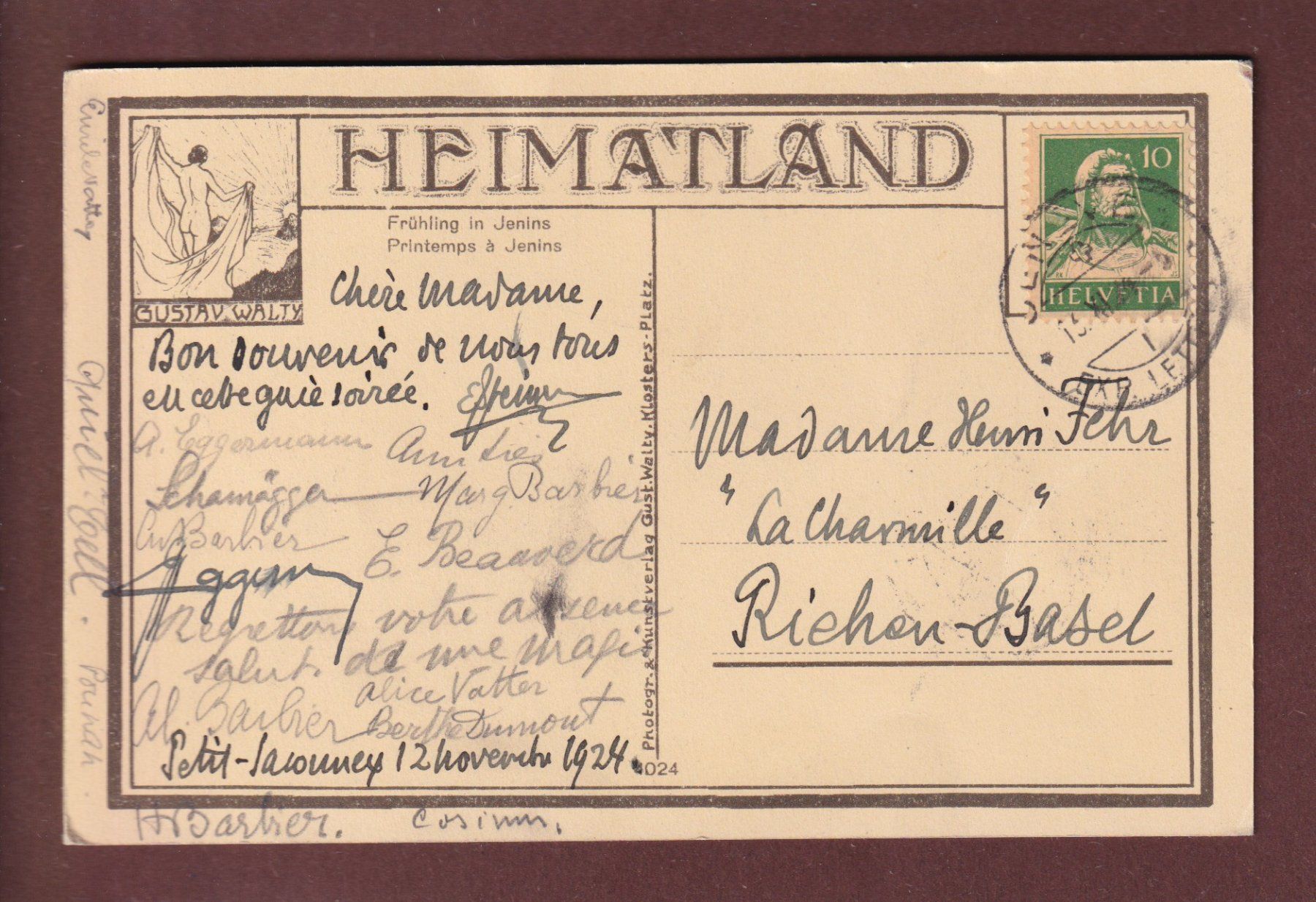 Cartoline postali: Heimat - JENINS - Kirche - 1924 – Usato da Pully venduto da nicecards 1