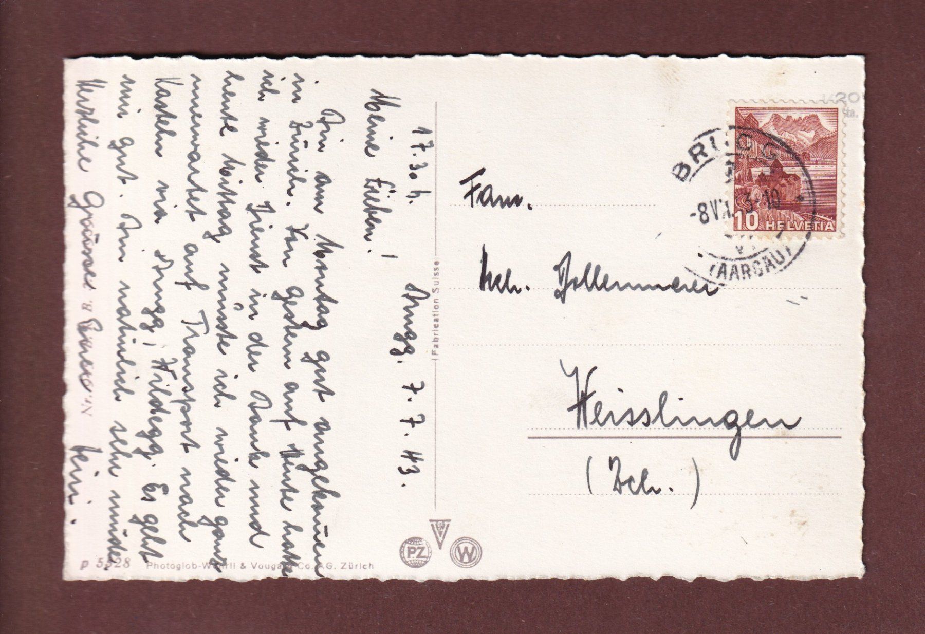 Ansichtskarten: BRUGG - Teilansicht - 1943 – Gebraucht aus Pully von nicecards-shop 1