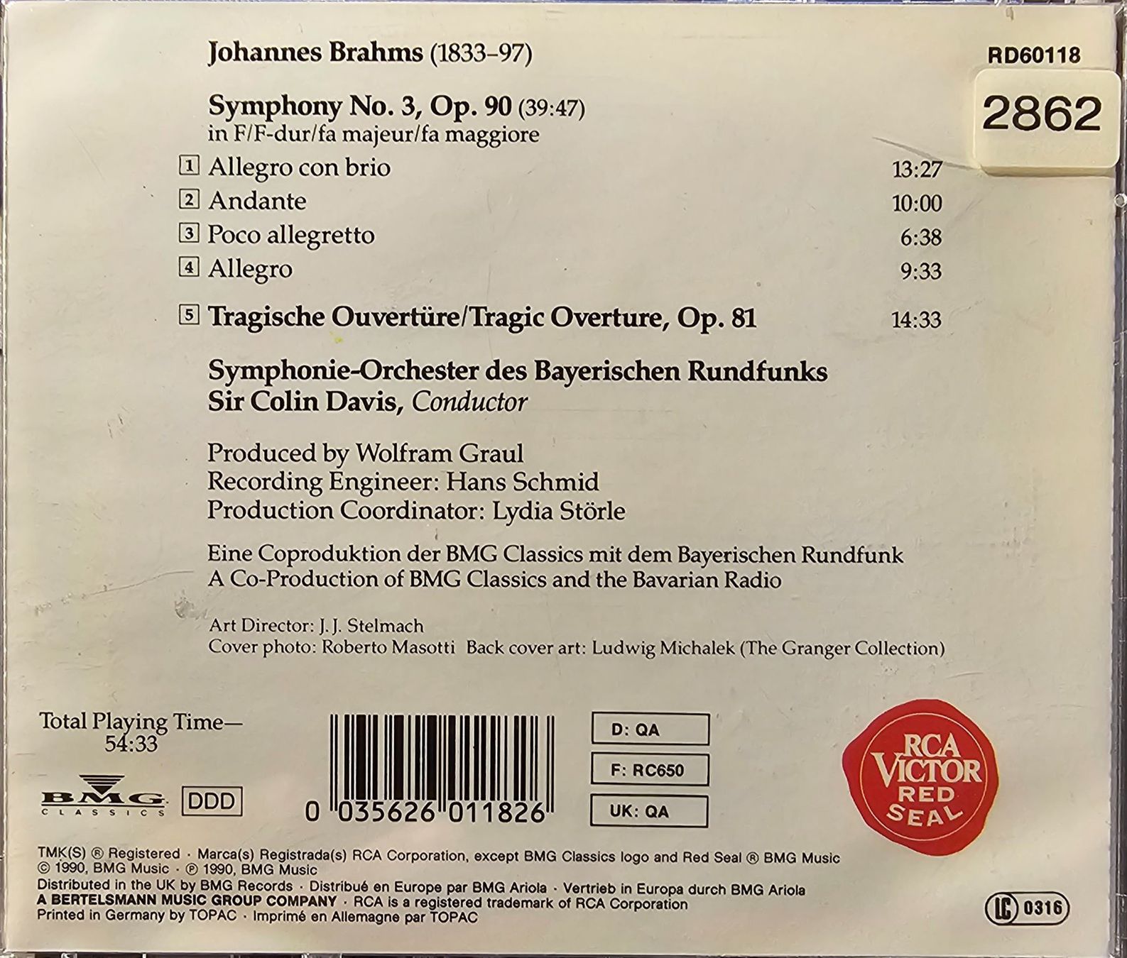 CD: Brahms - Symphony No. 3 - Tragic Overture – Usato da Wahlen b. Laufen venduto da Cg10 1