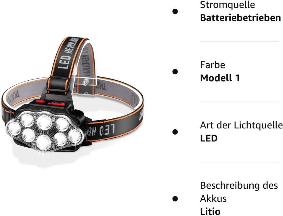 Stirnlampe LED Wiederaufladbar USB, 8 LED Kopflampe 4 Modi