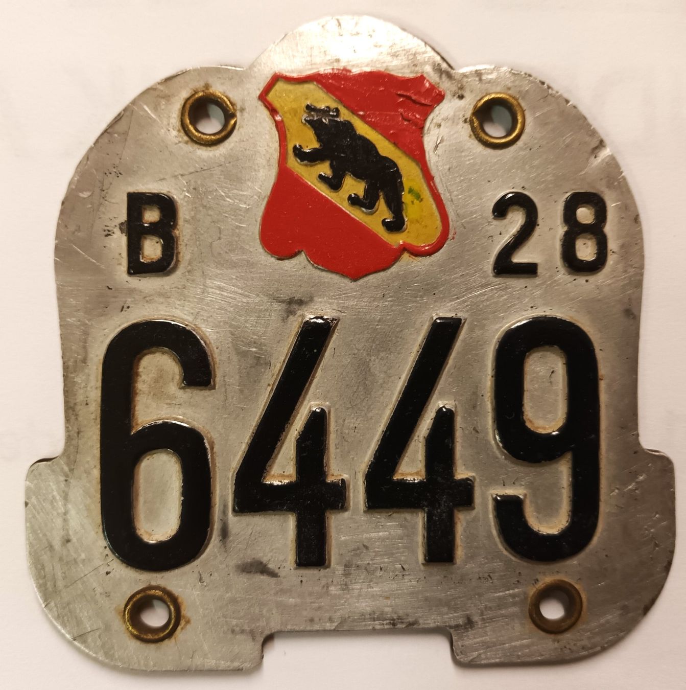 Schilder: Velonummer BE Bern, Amt 28 = Thun (6449) – Gebraucht aus Bülach von gmstart