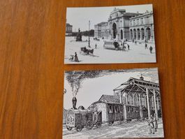 2 Postkarten Historische Motive Zug und Stadtansicht