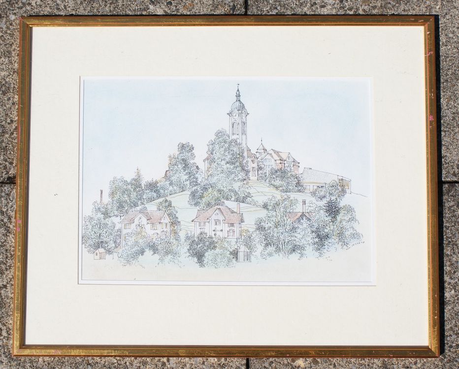 Leiser Godi, Dorf mit Kirche, Häuser Bäume, colorierte Litho | Kaufen ...