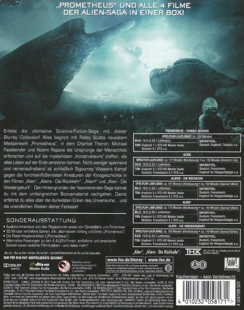 Tutti i DVDs: ALIEN Anthology + PROMETHEUS (1979-2012) Blu-ray-Collection – Usato da Volketswil venduto da cinephi1ia 1