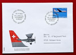 50 J. FLUGPOST SWISSAIR FLUG LAUSANNE ZÜRICH SCHMERIKON 1969