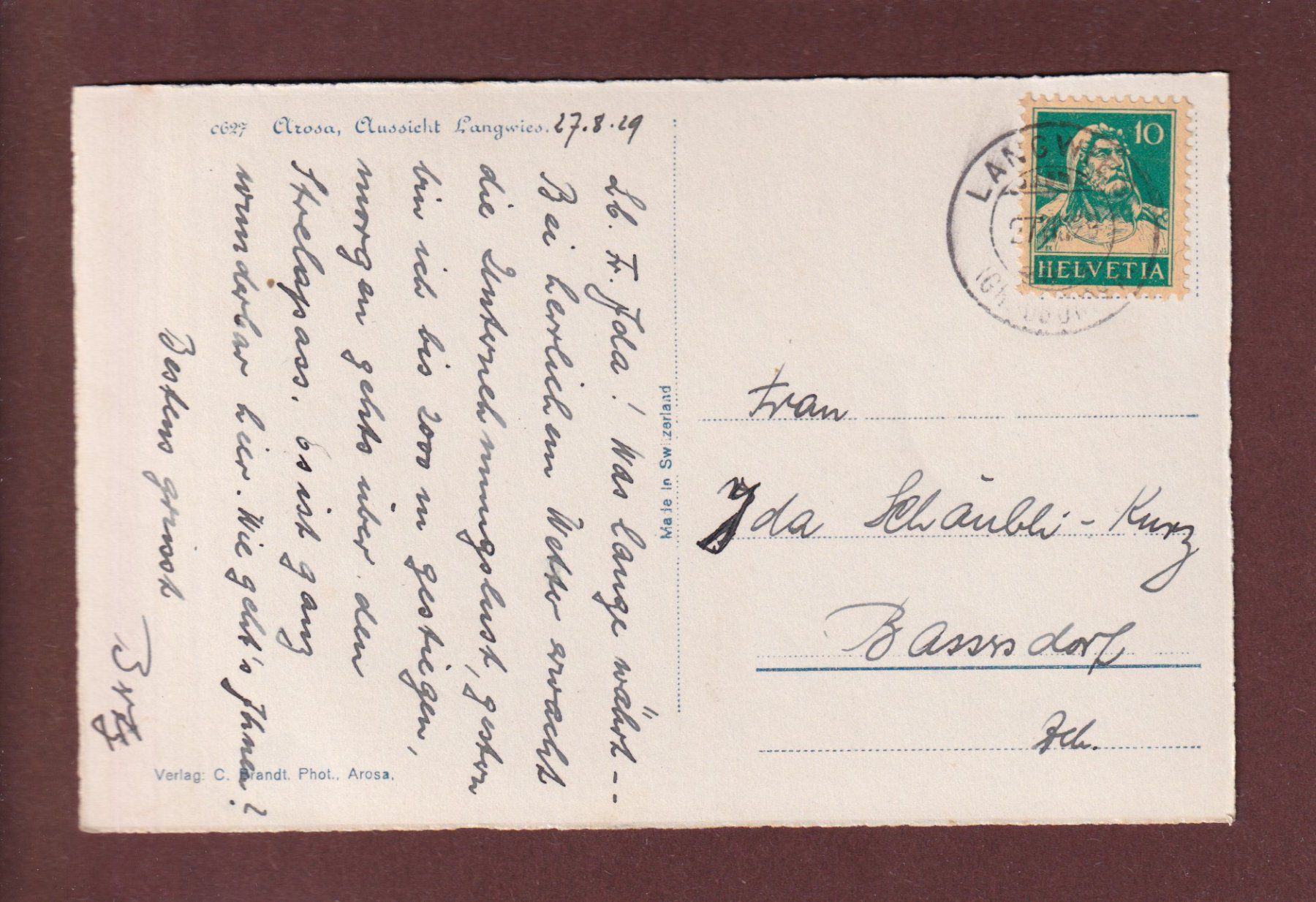 Cartoline postali: AROSA - Aussicht Langwies - 1929 – Usato da Pully venduto da nicecards 1