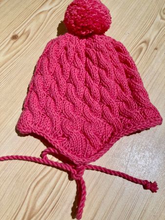 Handgestrickte Mütze mit Bommel, pink, Babymütze,100% Merino