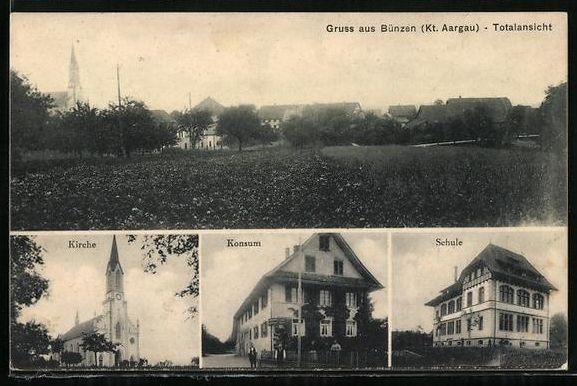 Cartoline postali: Bünzen /Aargau, Konsum-Laden, Kirche, S – Usato da Berlin venduto da bartko-reher