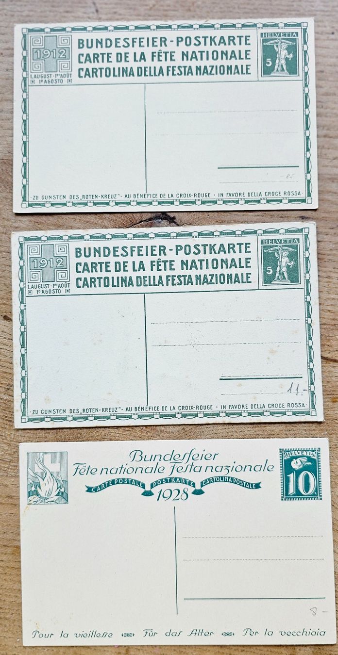 Tutti i francobolli: 3 Bundesfeierkarten, ungelaufen – Usato da Les Valettes venduto da Nuba1 1