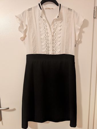 Kleid Kurzarm Weiss Schwarz mit Spitze Grösse L (3)