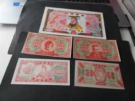 China, 6 Hell-Banknoten - sog. Totengeld, ca. 40 jährig