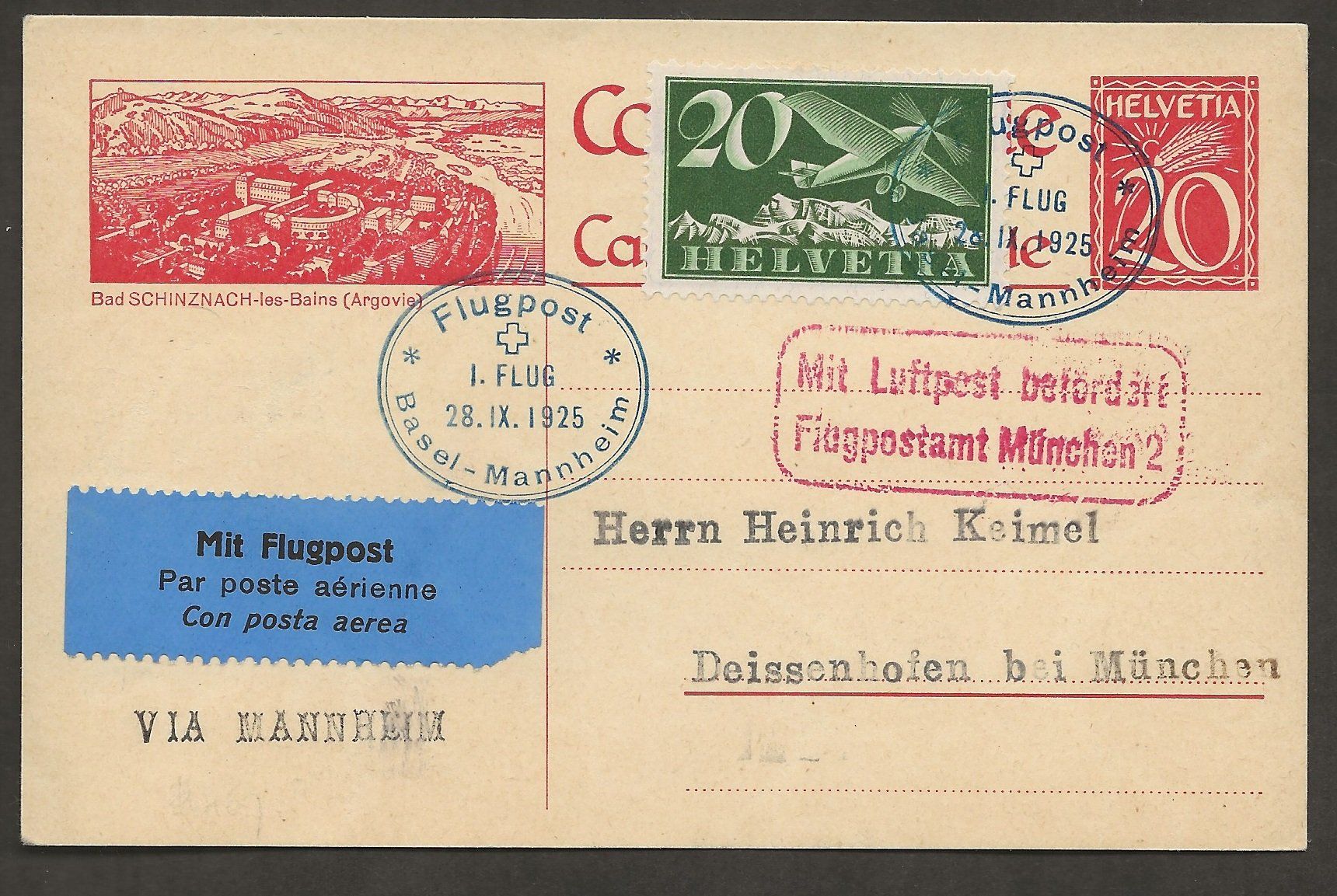 Tutti i francobolli: Flugpost Schweiz 1925 Basel Mannheim München Luftpost – Usato da Au ZH venduto da xelagreb01