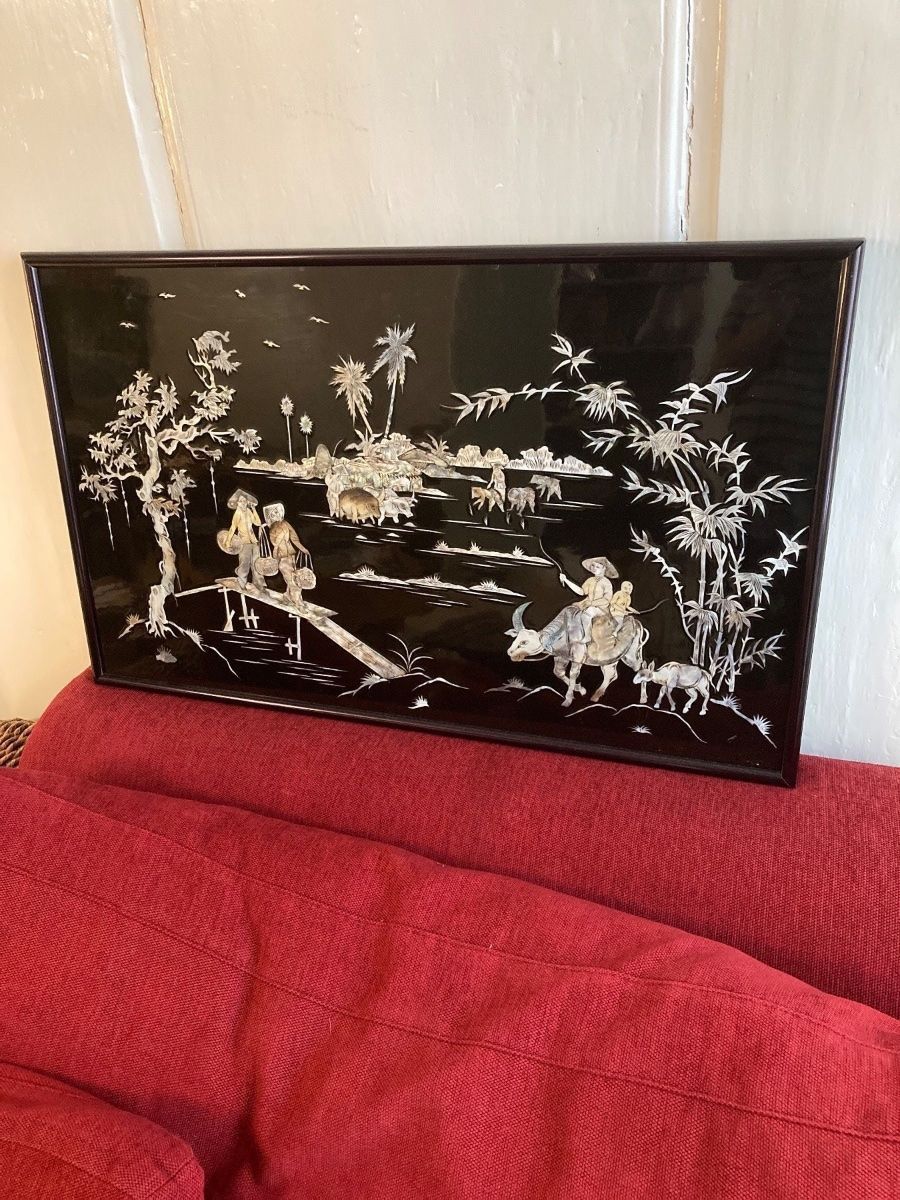 Dipinti: Grand Tableau  asiatique incrusté nacre  / Perlmutt Bild – Usato da La Neuveville venduto da Canelle4 3