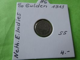 NIederländisch Indien 1913, 1/10 Gulden    Silber