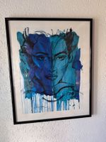 Kunstwerk gerahmt Frauenporträt blau signiert gebraucht