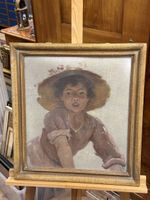 Schönes älteres Ölgemälde „Mädchen mit Strohhut“, anonym