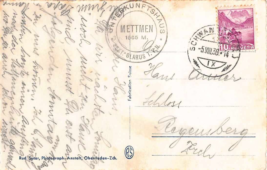 Cartoline postali: uralte Ansichtskarte Berggasthaus METTMEN GL 1938 – Usato da Winterthur venduto da SchatzchischtliWinti 1