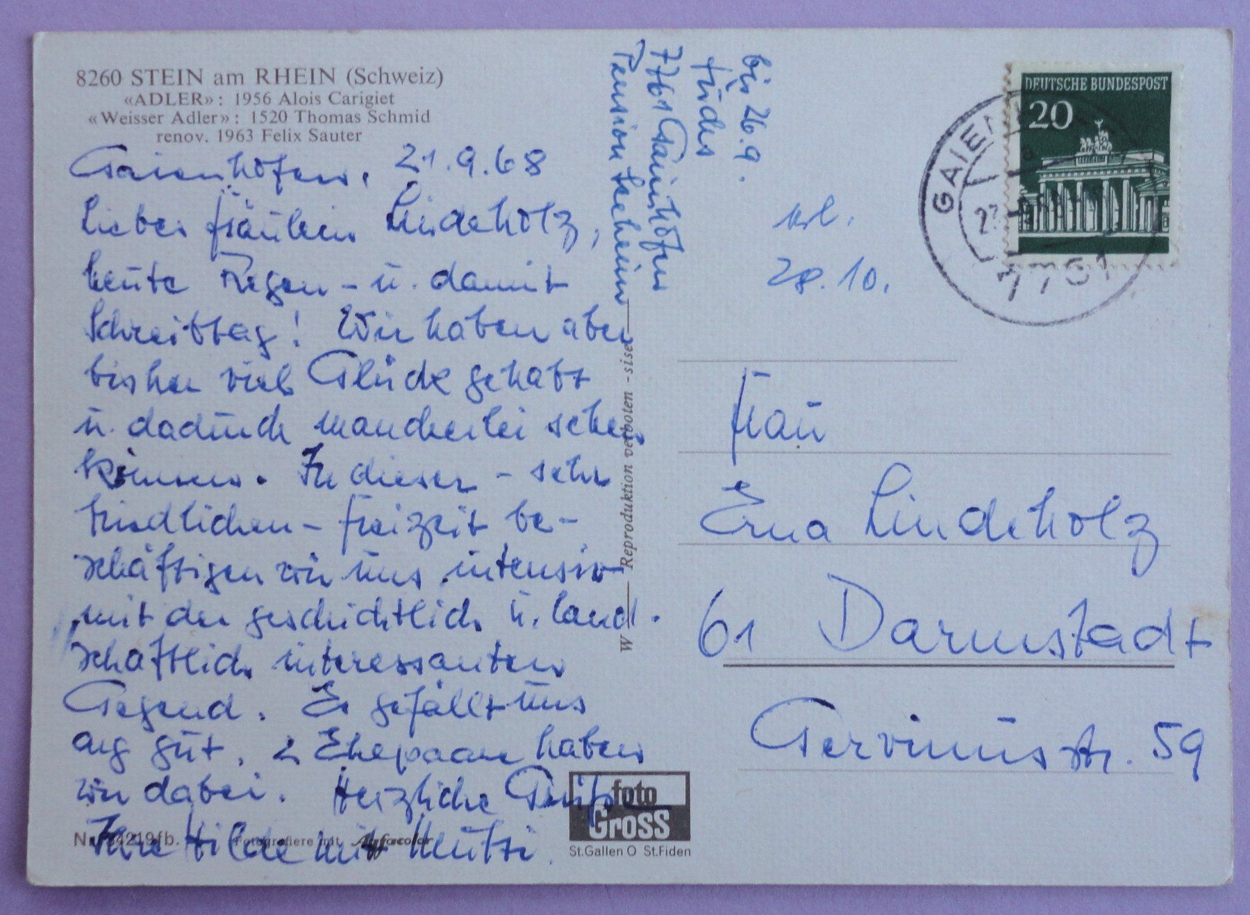 Cartoline postali: Stein am Rhein, Hotel-Rest. "Adler" – Usato da Fétigny venduto da Billy2miny 1