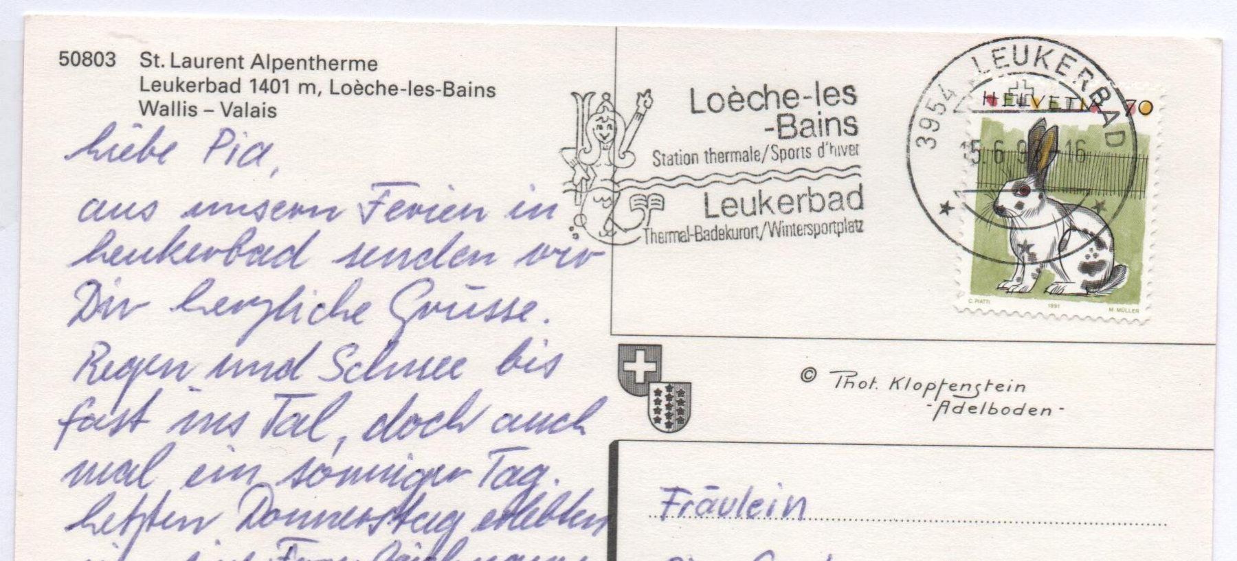 Cartoline postali: LEUKERBAD St. Laurent Alpentherme – Usato da Jona venduto da philajona 1