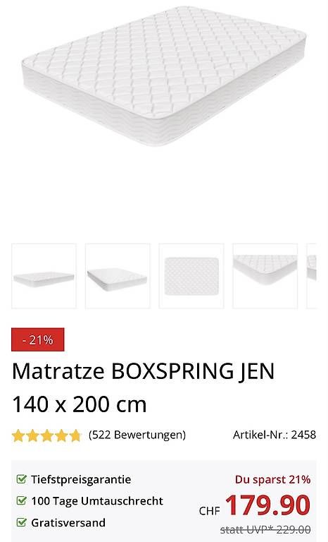 Matratzen: Matratze boxspring jen 140 x 200 cm – Gebraucht aus Eglisau von Samtri 1