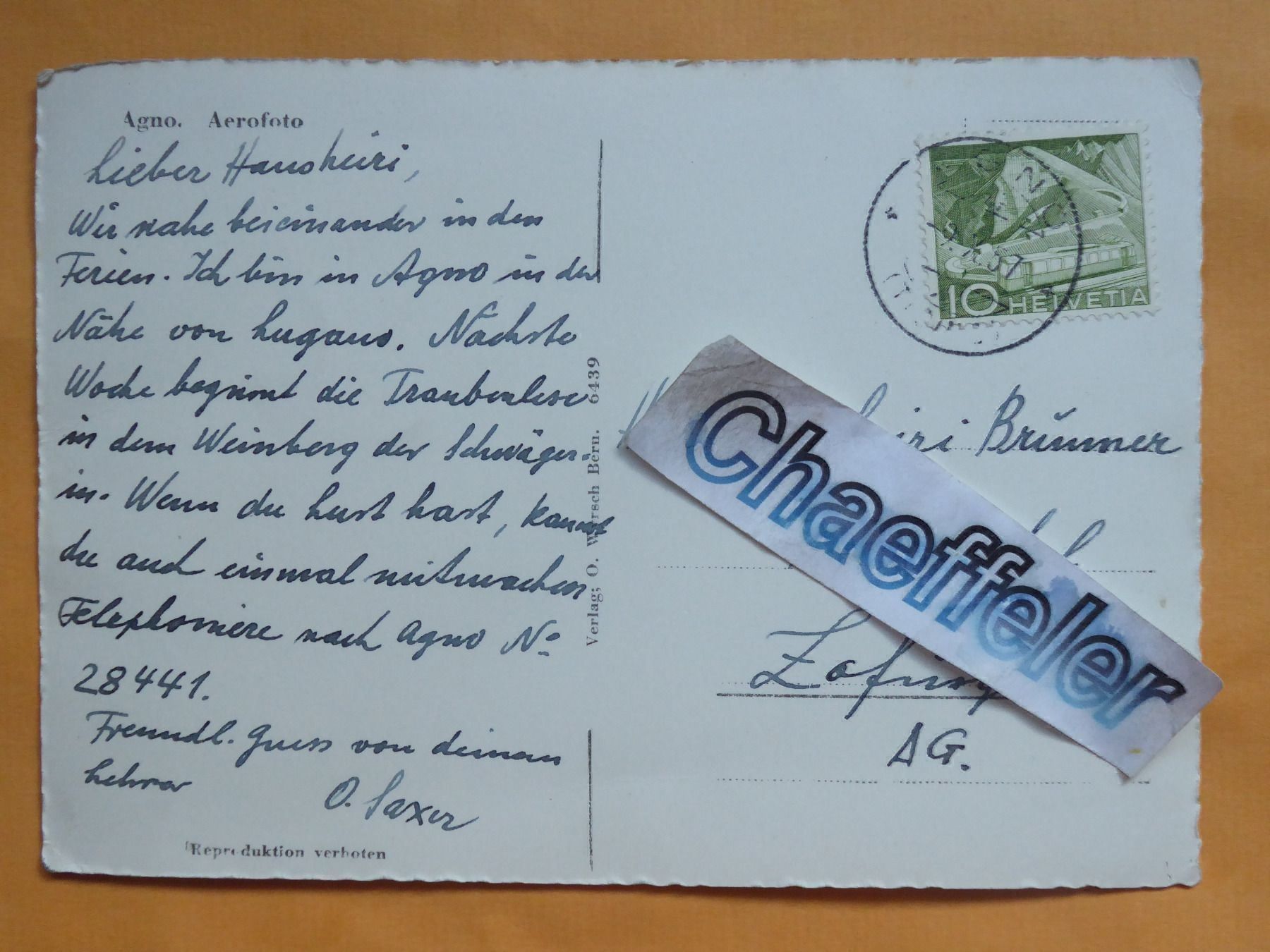 Cartoline postali: 1957 Agno,  Aerofoto – Usato da Zürich venduto da Chaeffeler 1