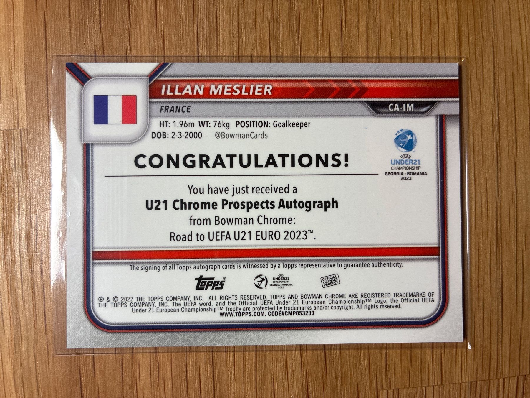Topps Carte collezionabili: Topps Bowman Chrome Illan Meslier Frankreich Autogramm – Usato da Wangenried venduto da Garagara 1