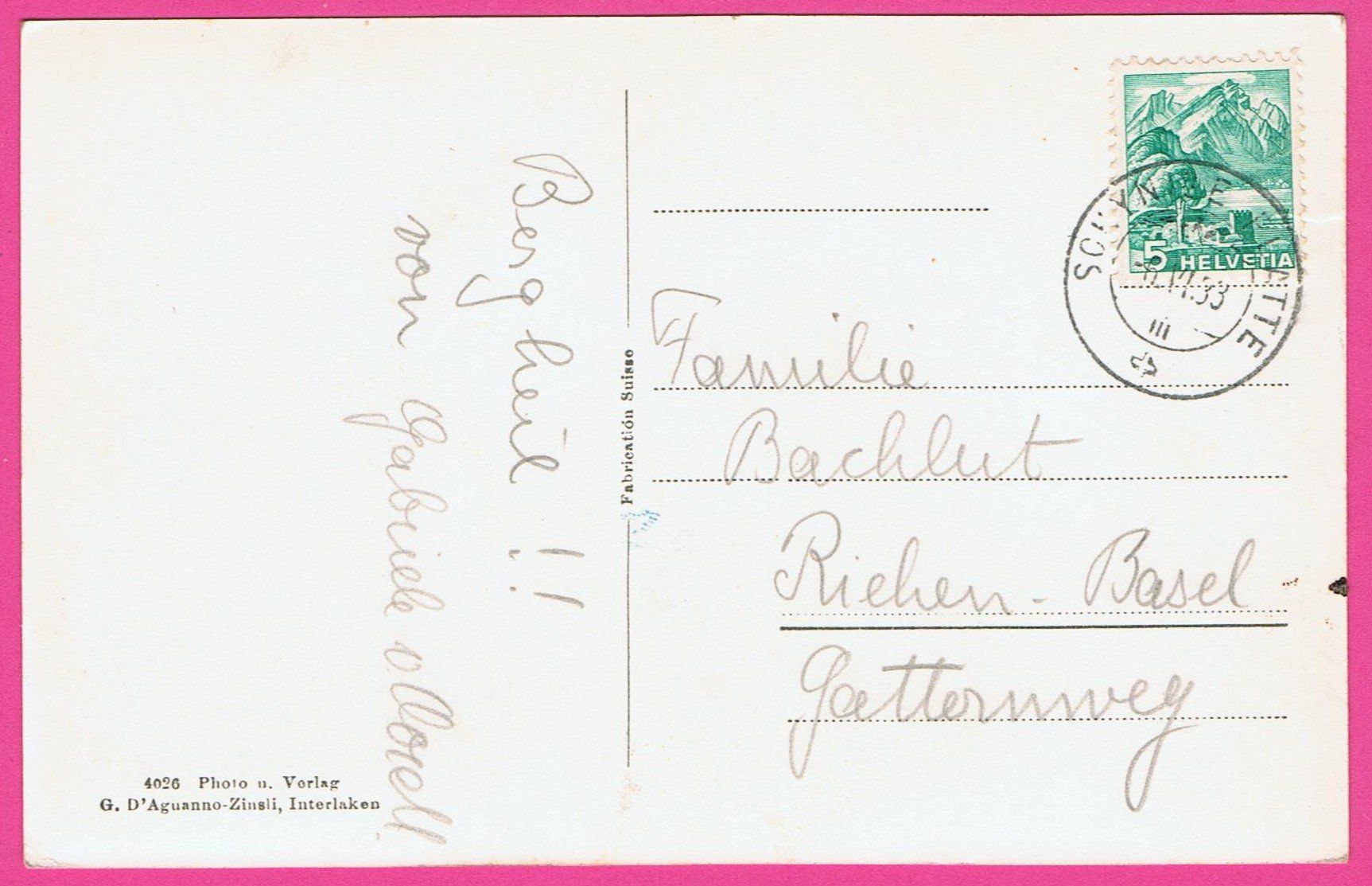 Cartoline postali: Schynige Platte gel 1933 mit Eiger Mönch und Jungfrau – Usato da Einsiedeln venduto da dillie 1