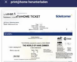 Hans Zimmer Concert Ticket Zurich 15.11.2026 Print at Home