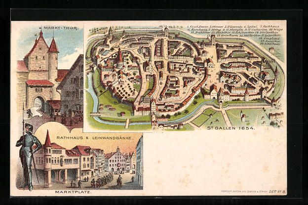 Cartoline postali: Litho St. Gallen, Rathaus, Leinwandbänk – Usato da Berlin venduto da bartko-reher