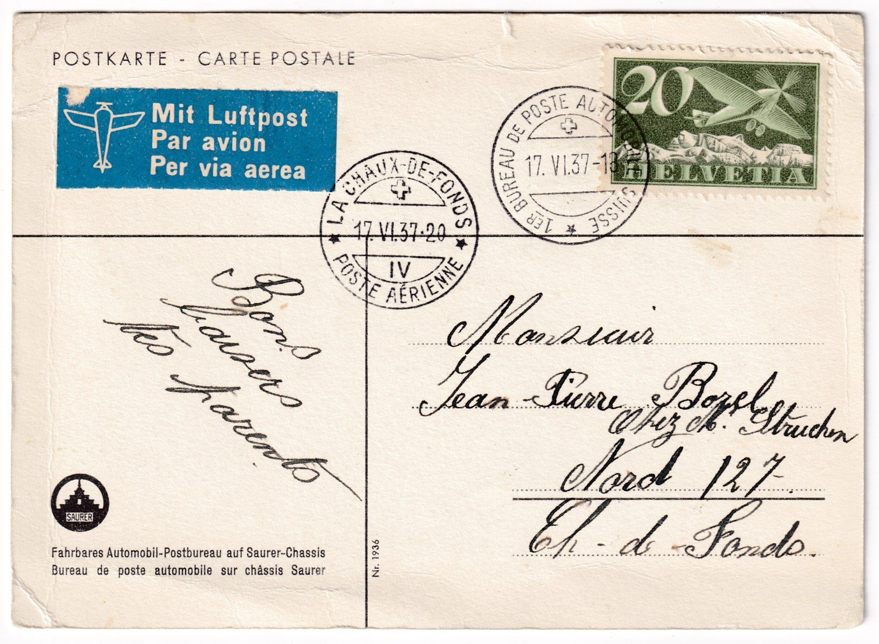 Alle Briefmarken: Flugpostkarte  Sonderflug 17.06.1937 – Gebraucht aus Neuchâtel von karlpierrino