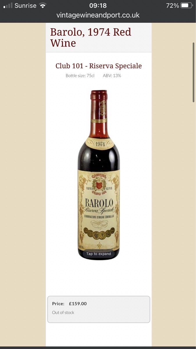 Vino: Barolo Riserva Speciale 1974 – Nuovo (secondo la descrizione) da Maschwanden venduto da Brunoboy1994 1