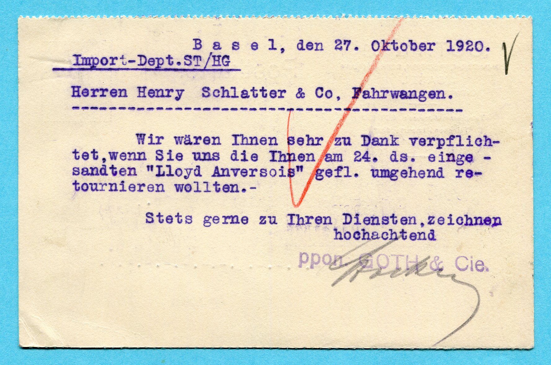 Alle Briefmarken: Postkarte Basel 1920 - Absender: Goth & Co. mit Perfin – Gebraucht aus Opfikon von Prophila 1