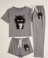 Schlafanzug-Pyjama-3-teilig-Cartoon-Katze-sehr flauschig-Top