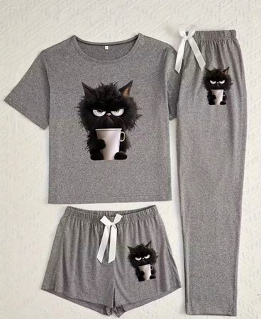 Schlafanzug-Pyjama-3-teilig-Cartoon-Katze-sehr flauschig-Top