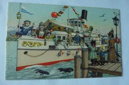 POSTKARTE KATZENSCHULE AUF DEM RADDAMPFER