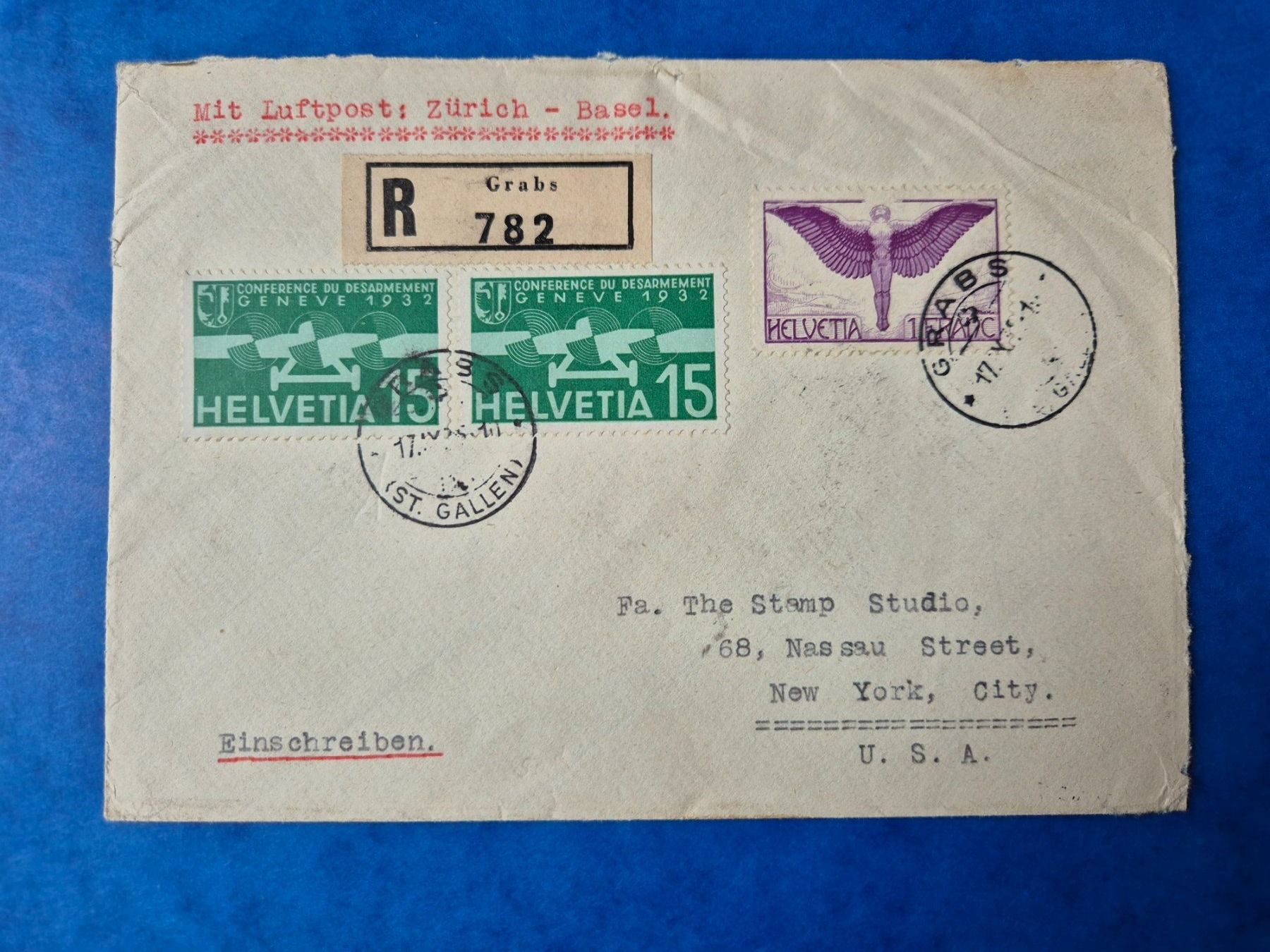 Tutti i francobolli: Luftpostbrief 1935 eingeschrieben  Grabs - New York City – Usato da Seewen SZ venduto da SuperpumaDisplayTeam