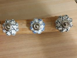 3x Keramik Möbelknöpfe Vintage Shabby Chic blau weiss