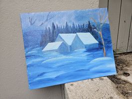 Gemälde Winterlandschaft mit Häusern 41x33 Leinwand Acryl