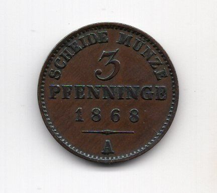 Alle Münzen: (1394) Preussen, 3 Pfennig 1868 A, vz – Gebraucht aus Rüthi (Rheintal) von erdnuessli1 1