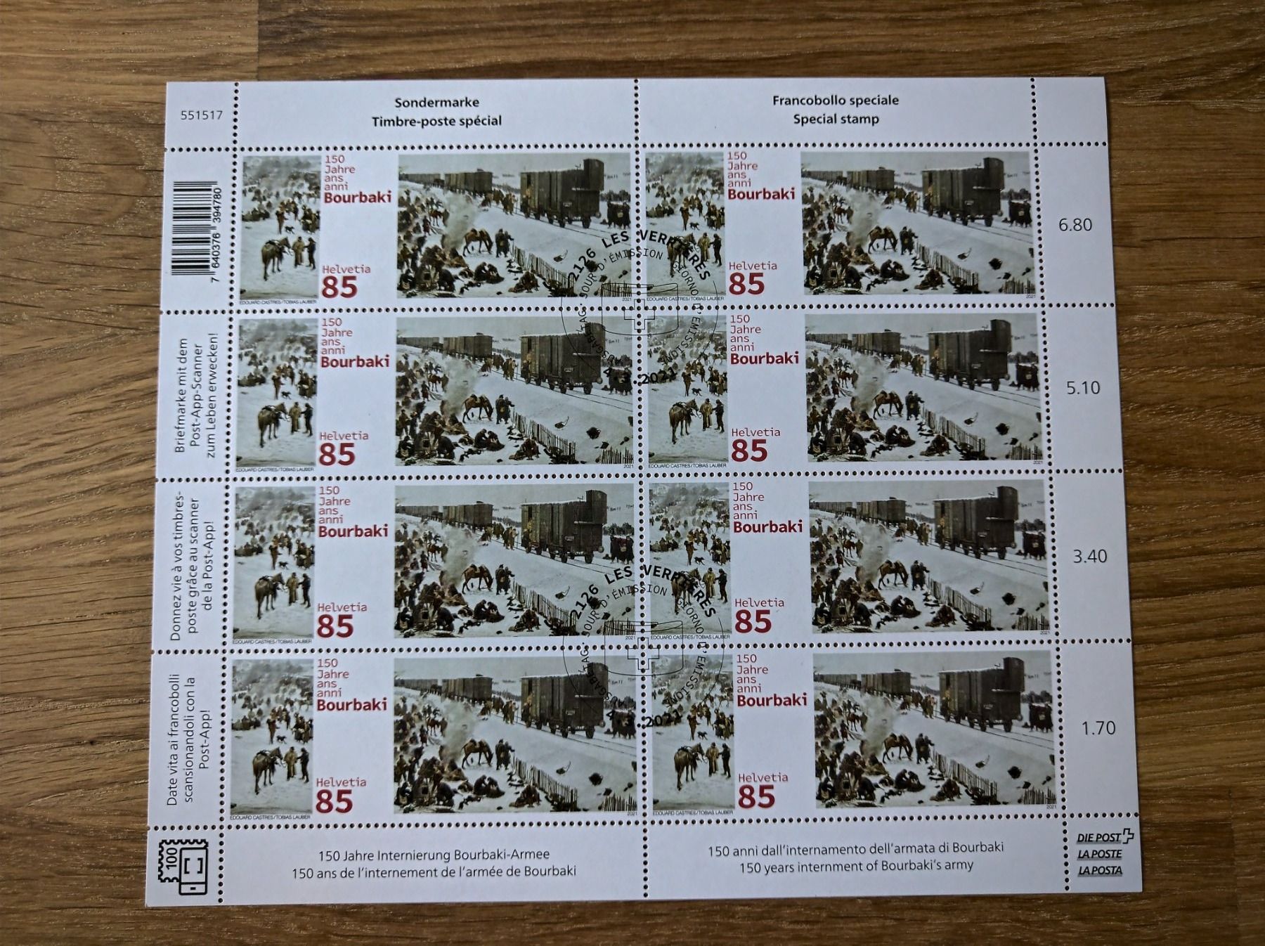 Alle Briefmarken: Bogen 150 Jahre Internierung Bourbaki-Armee, Ersttag – Neu (gemäss Beschreibung) aus Rickenbach SO von Bytebull
