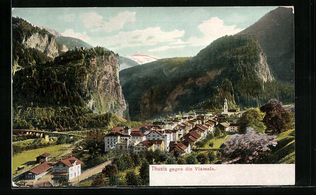 Cartoline postali: Thusis, Ortsansicht mit Viamala-Schlucht – Usato da Berlin venduto da bartko-reher