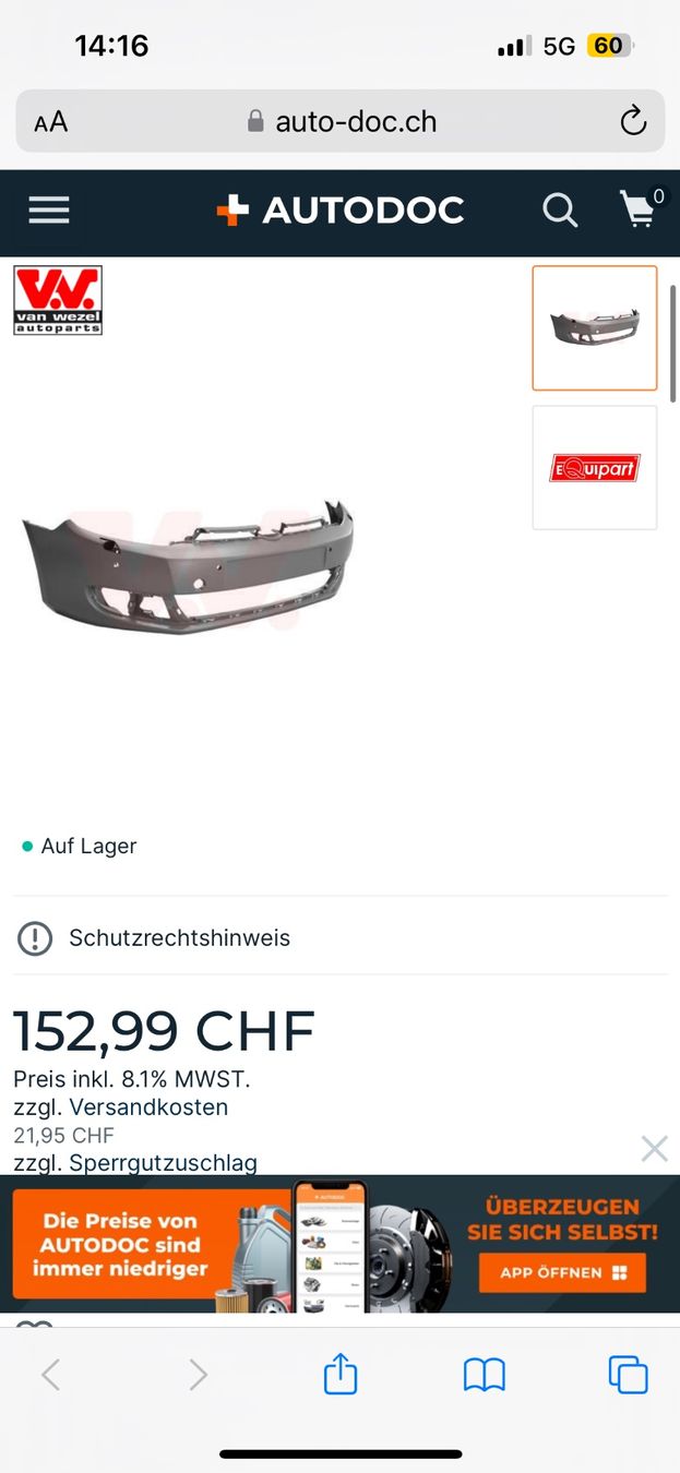 Volkswagen Tutti pezzi di ricambio auto: VW Golf 7 Stossstange – Usato da Freidorf TG venduto da sarotiko 6
