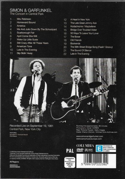 Tutti i DVDs: Simon & Garfunkel: Concert in Central Park DVD – Nuovo e nell'imballaggio originale da Steinhausen venduto da Vilivinili 1