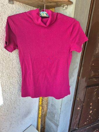 Damen T-Shirt mit Rollkragen pink kurzarm