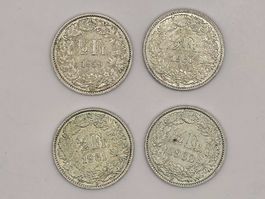 4x 1/2 Franken Münzen Schweiz 1959-1962, Silber   (22)