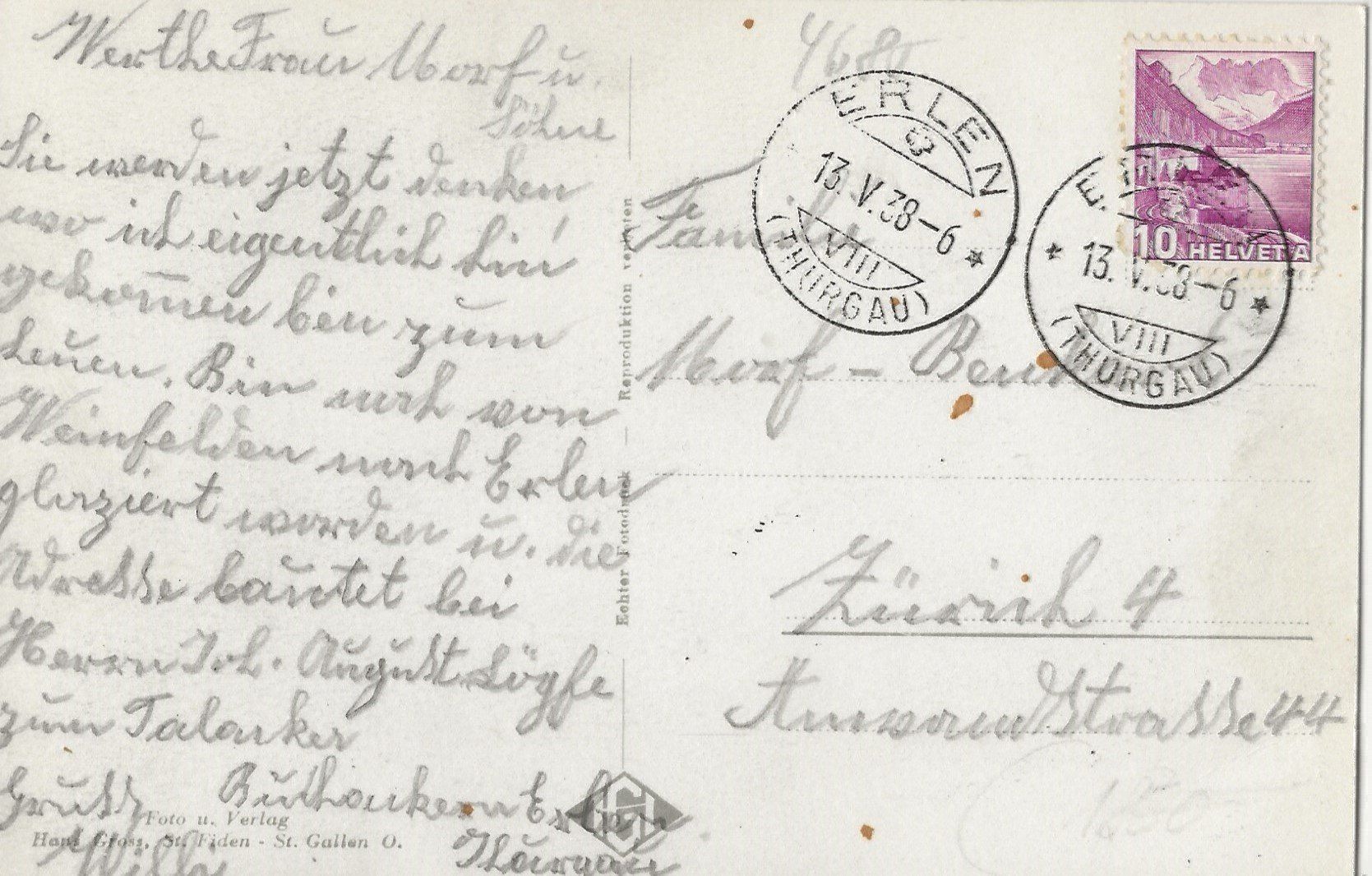 Ansichtskarten: Weinfelden, 1938 – Gebraucht aus Frauenfeld von Merk52 1