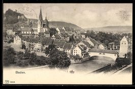 AK Baden, Ortsansicht an der Limmat mit Kirche und Brücke