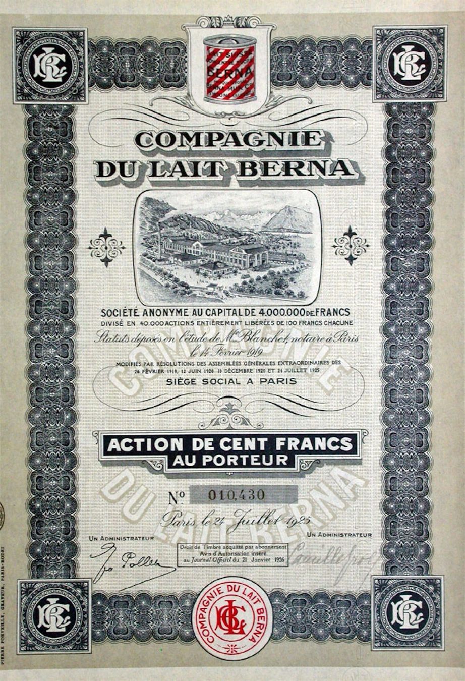 Documenti: Compagnie du Lait Berna, Paris - 1925 – Usato da Solothurn venduto da Sgasche