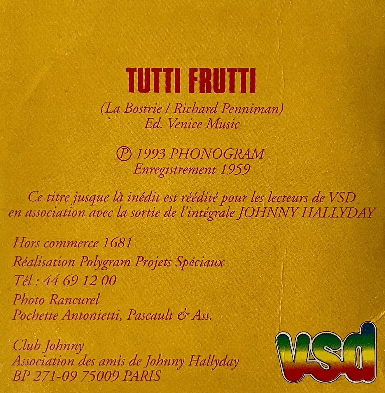 CDs: Johnny Hallyday "Tutti Frutti" inédit 1959 CD single NEUF – Neu und originalverpackt aus Delley von ogringo77 3